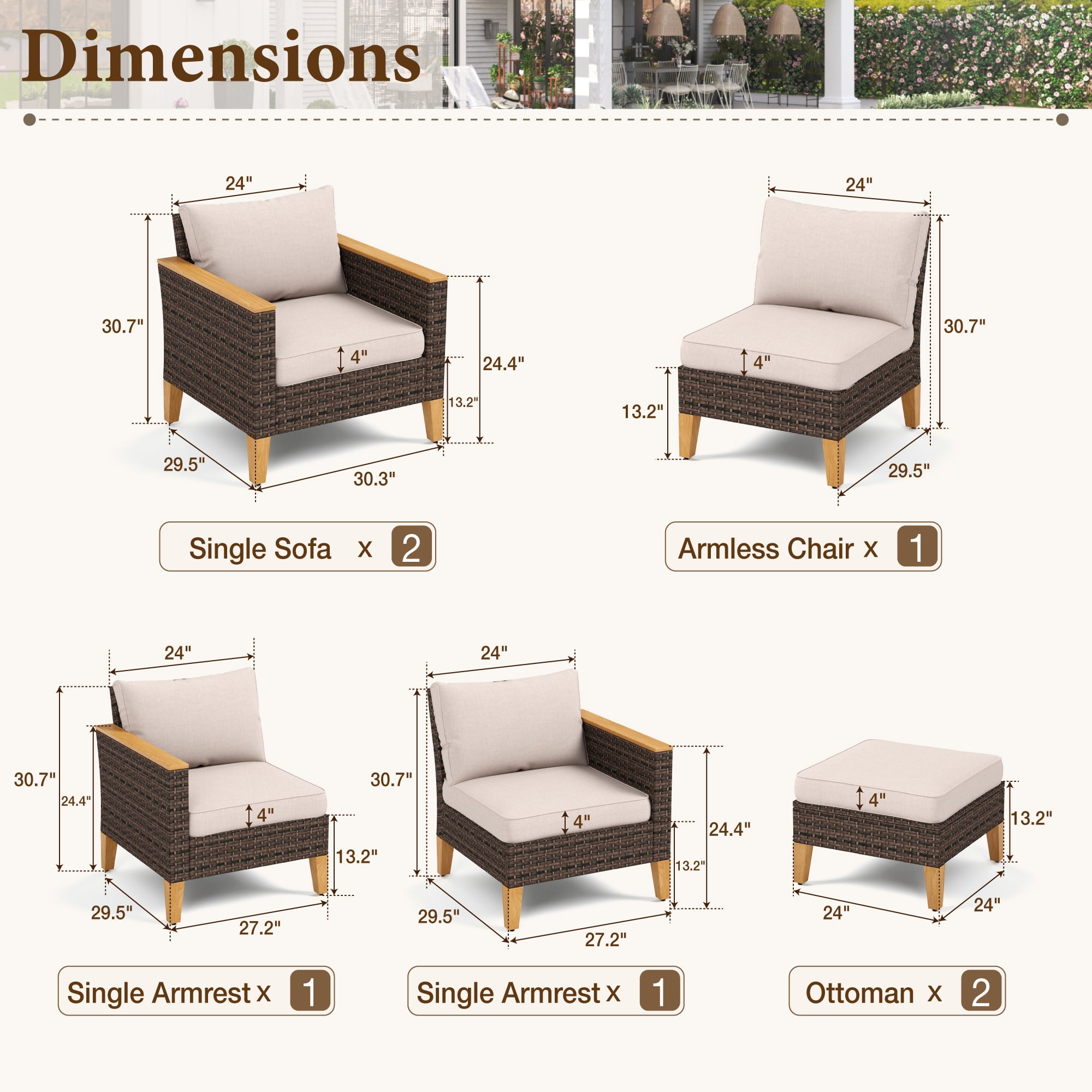 MF Studio 7 Piece Patio Conversation Set  Outdoor Wicker Furniture Set Beige