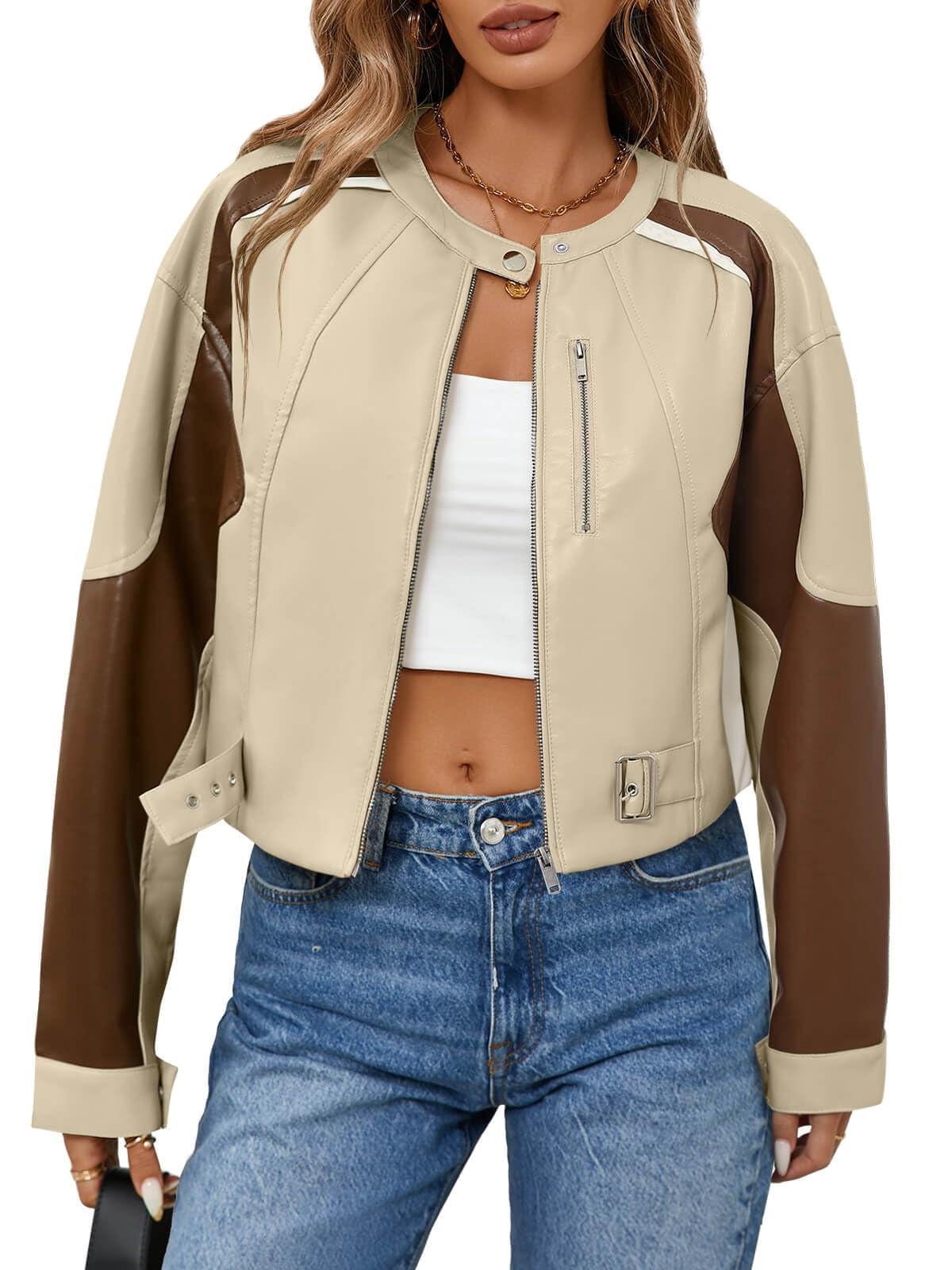 Womens Faux Leather Bomber Jackets Cropped Zip Up Color Block Fall Casual Moto Biker Coats
