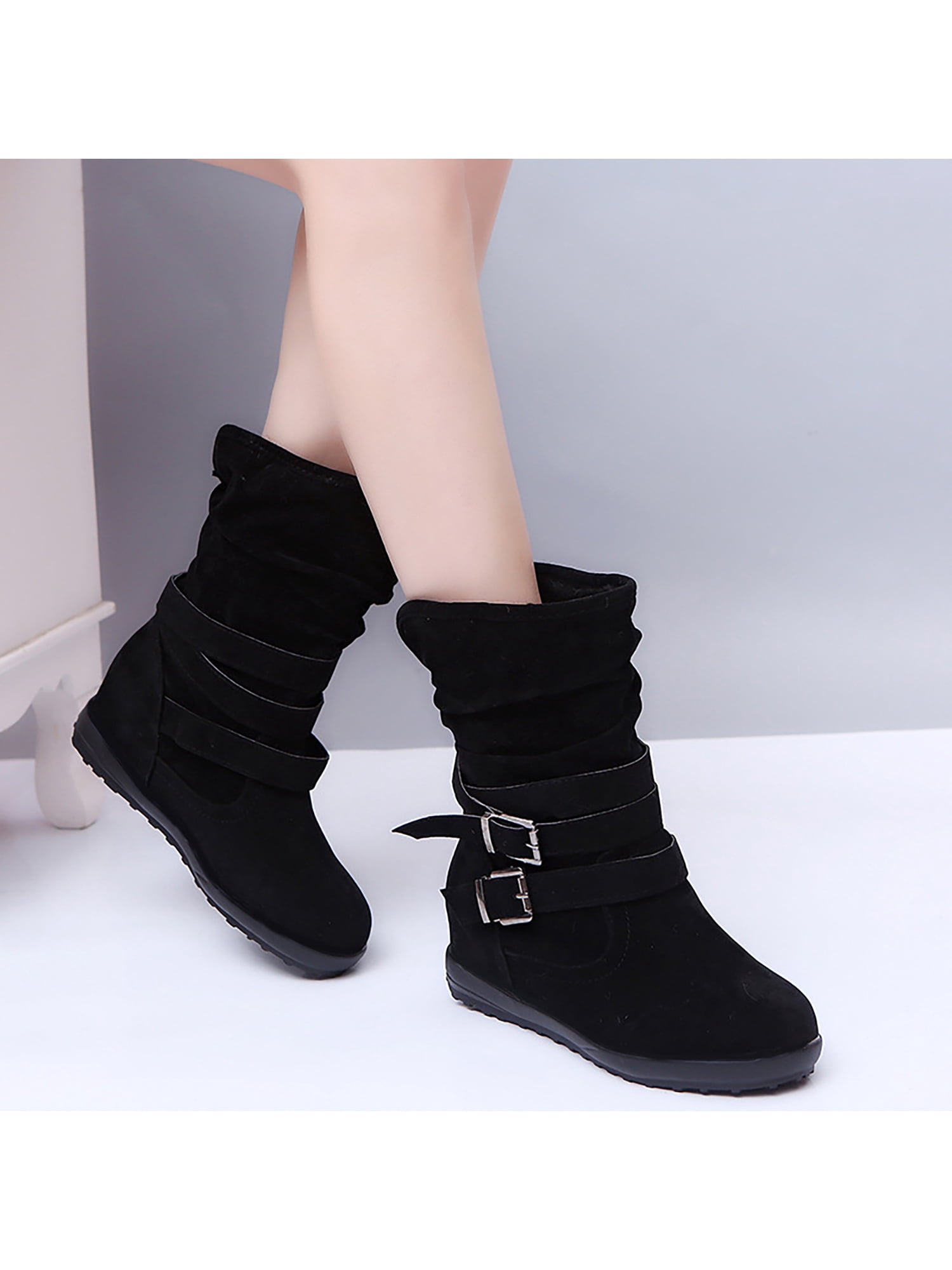 Crocowalk Women's Closed Round Toe Buckle Slouch Flat Heel Mid-Calf Boot, Size: 5.5, Black