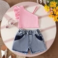 thumbnail image 6 of Girls Summer Outfits 2 Piece Solid Print Crew Neck Sleeveless One Shoulder Ruffle Crop Top And Shorts for Summer Play Girls' Clothing Sets Pink 3-4 Years, 6 of 9
