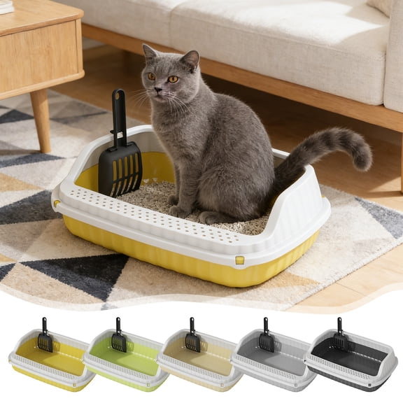 High Sided Cat Litter Box with Splash Guard and Litter Scoop, Semi-Enclosed Open Top Kitty Litter Pan for Kittens and Small Cats, Easy Clean Plastic Basin with Litter Pedal