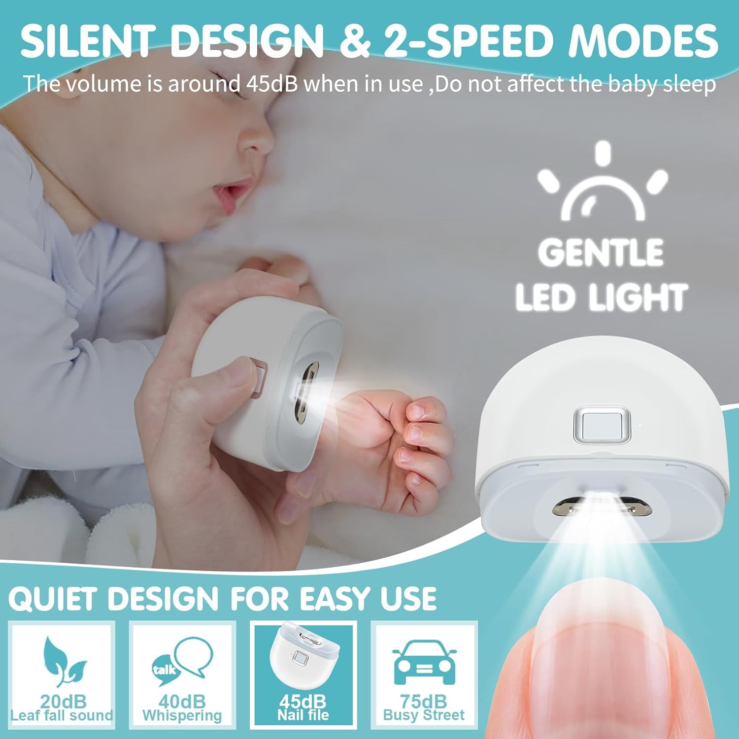 QD-Gotrays Automatic Nail Clipper, Electric Baby Nail Trimmer with Light, 2 Speeds Mode, Low Volume, Nail Clip Storage, USB Rechargeable Electric Nail File for Kids