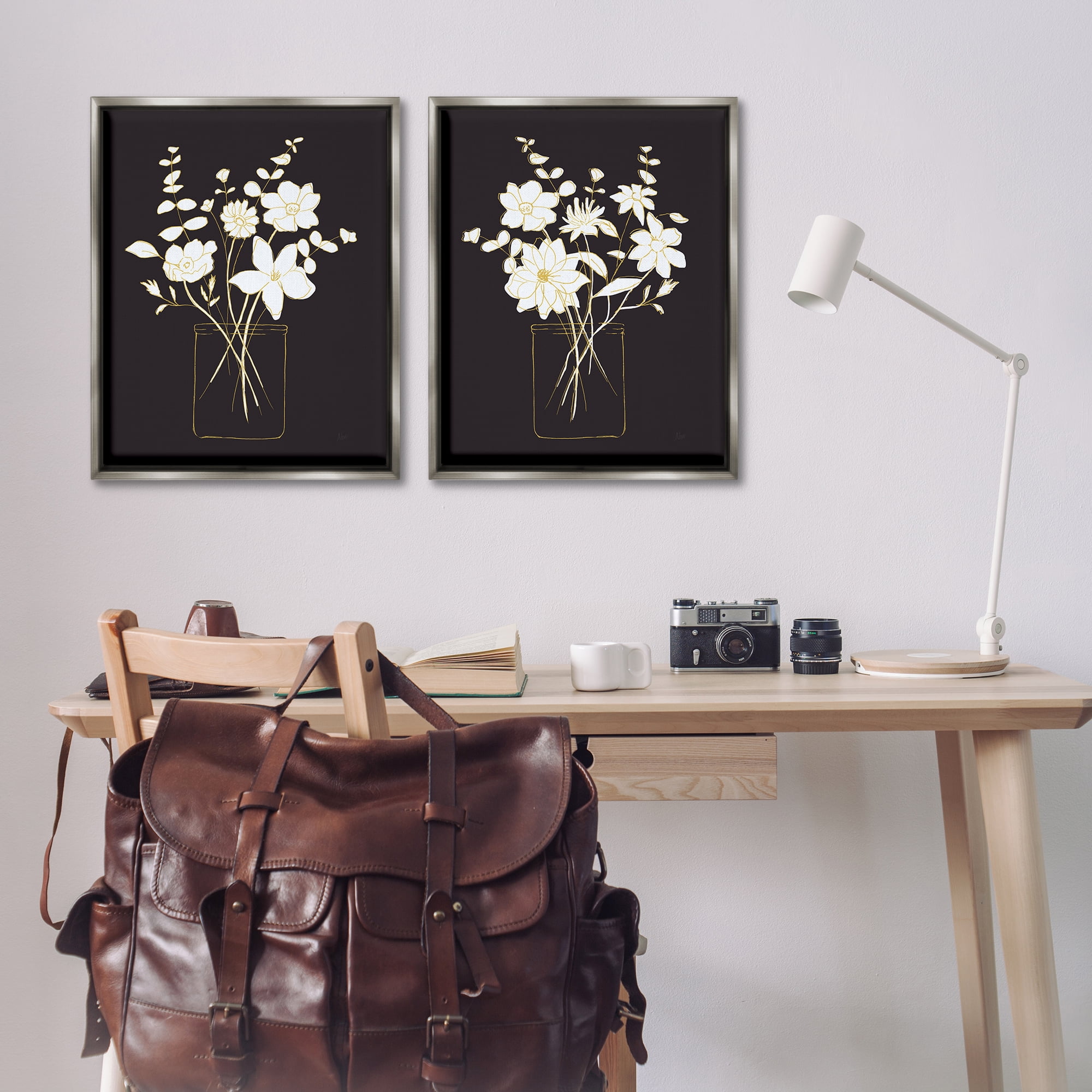 Stupell Industries Minimalist Flower Sketch in Jar Plants & Flowers Painting Gray Floater Framed Canvas Art Print Wall Art, 31 x 25, Set of 2
