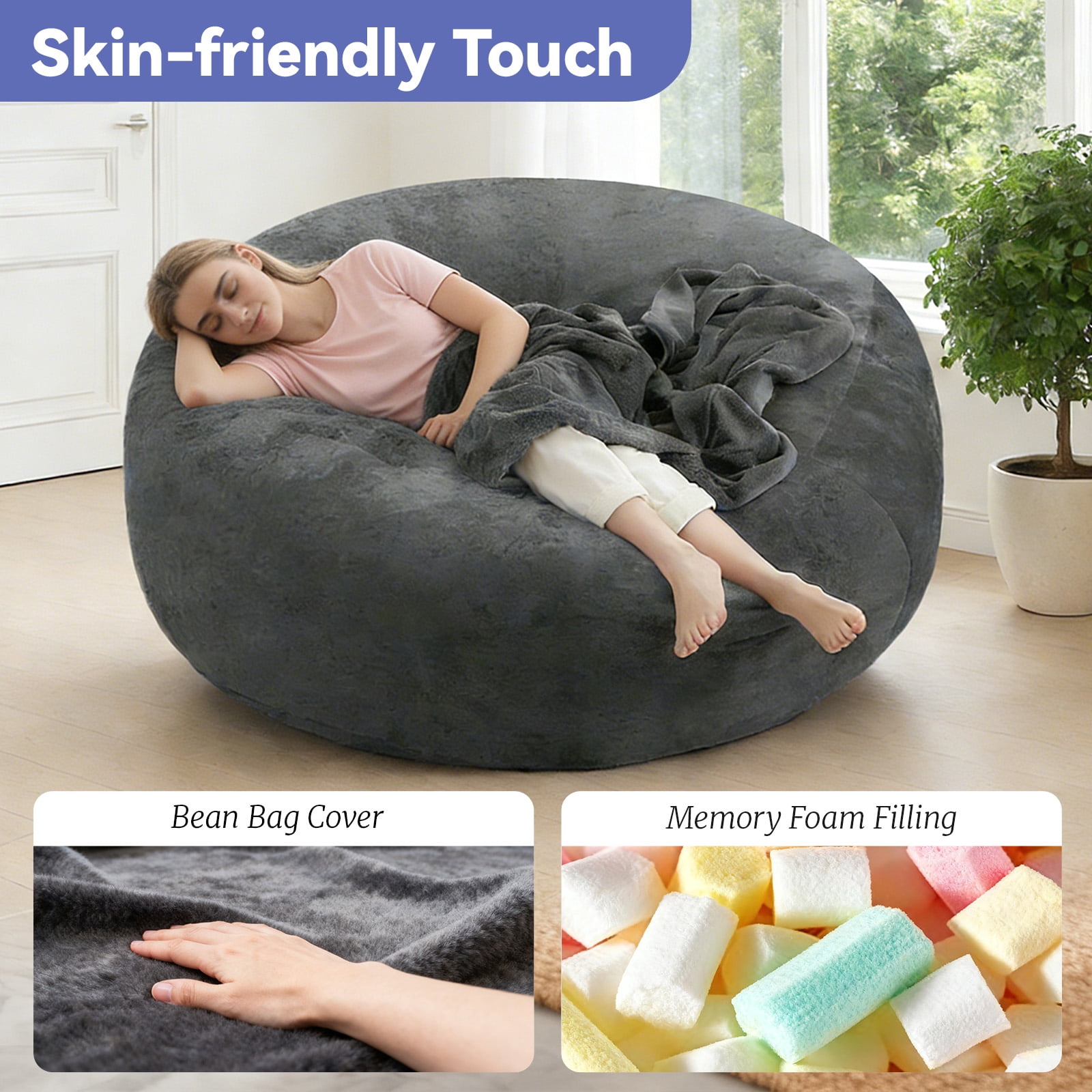 5FT Bean Bag Chair for Adults Teens, Dark Gray high-density foam Filled Soft Sofa, Removable Flannel Cover Round Couch for Living Room Bedroom Dorm