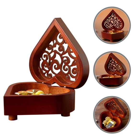 EXHUMKY Small Music Box Brown Wooden Heart Shaped 1Pack 4.32X3.93X1.97in