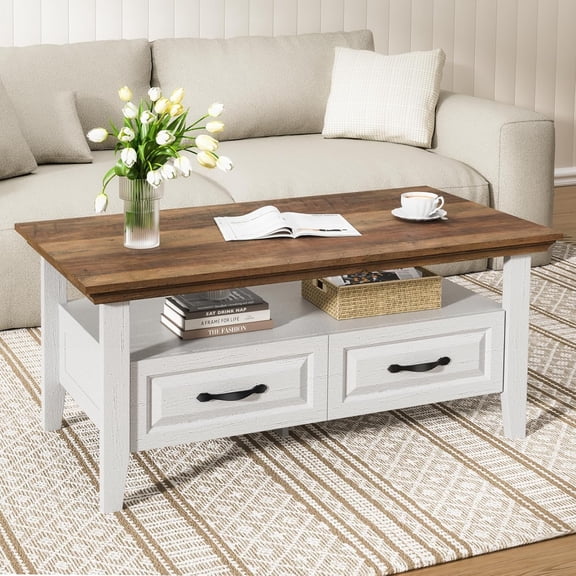 Amada Farmhouse Coffee Table with Storage Drawers and Open Shelf, White Oak Wood Center Table for Living Room Home Office