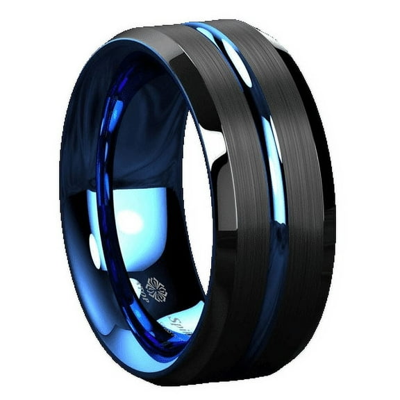 Tungsten Rings for Men Wedding Bands for Him 8mm Blue Line Black Brushed