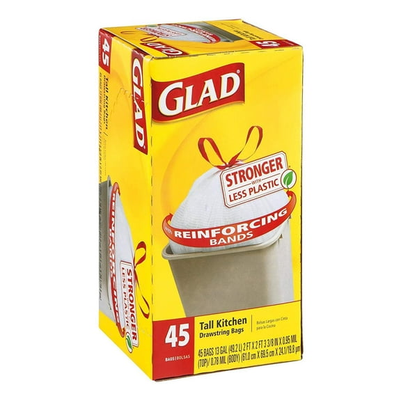 Glad Kitchen Trash Bag 13 Gal. 0.90mil Plastic White 45 Bags / Box