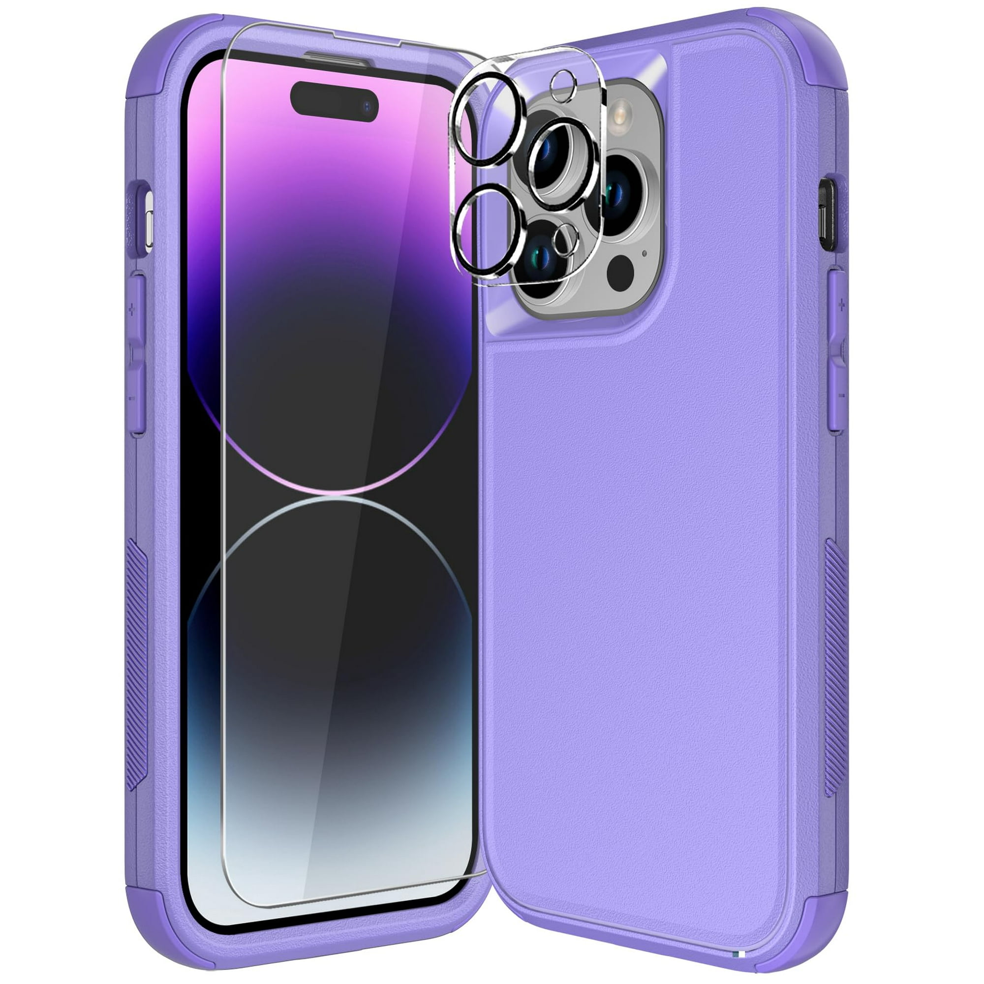 Diverbox for iPhone 14 Pro Case [Shockproof] [Dropproof] [Tempered Glass Screen + Camera Lens Protector],Heavy Duty Protection Phone Case Cover for Apple iPhone 14 Pro (Purple)