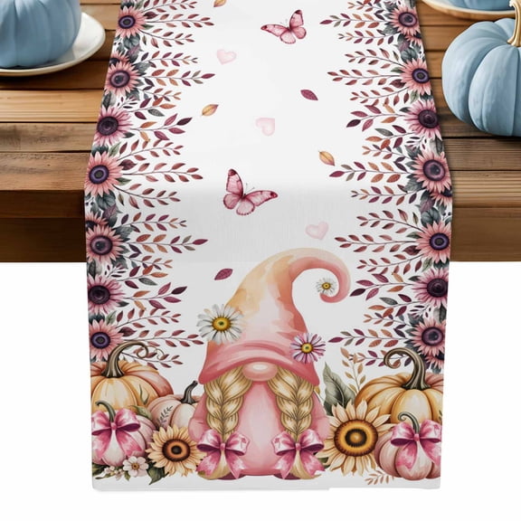 ERUNPONLY Pink Gnomes Fall Table Runner - 70 Inch Long Thanksgiving Pumpkin Sunflower Butterfly Cotton Linen Blended Dress Scarves Farmhouse Table Runner for Kitchen Dining, Coffee Table, 13" x 70"