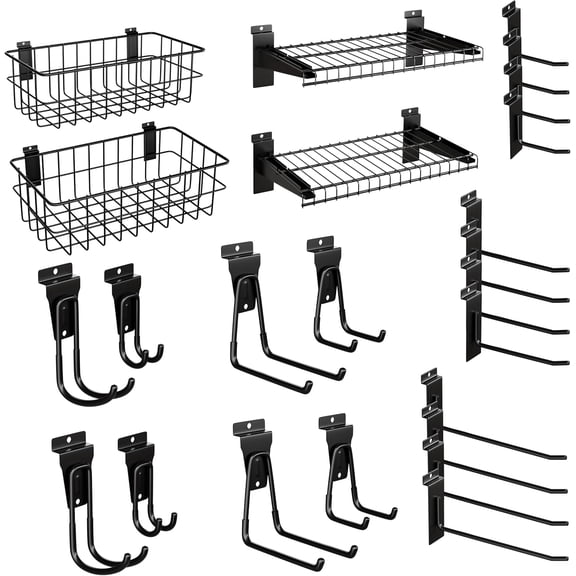 24PCS Slatwall Accessories Set, Includes Metal Slatwall Baskets, Shelves and Hooks, Heavy Duty Slat Wall Organizer Kit for Shops, Garage and Room Storage (Black,24pcs)