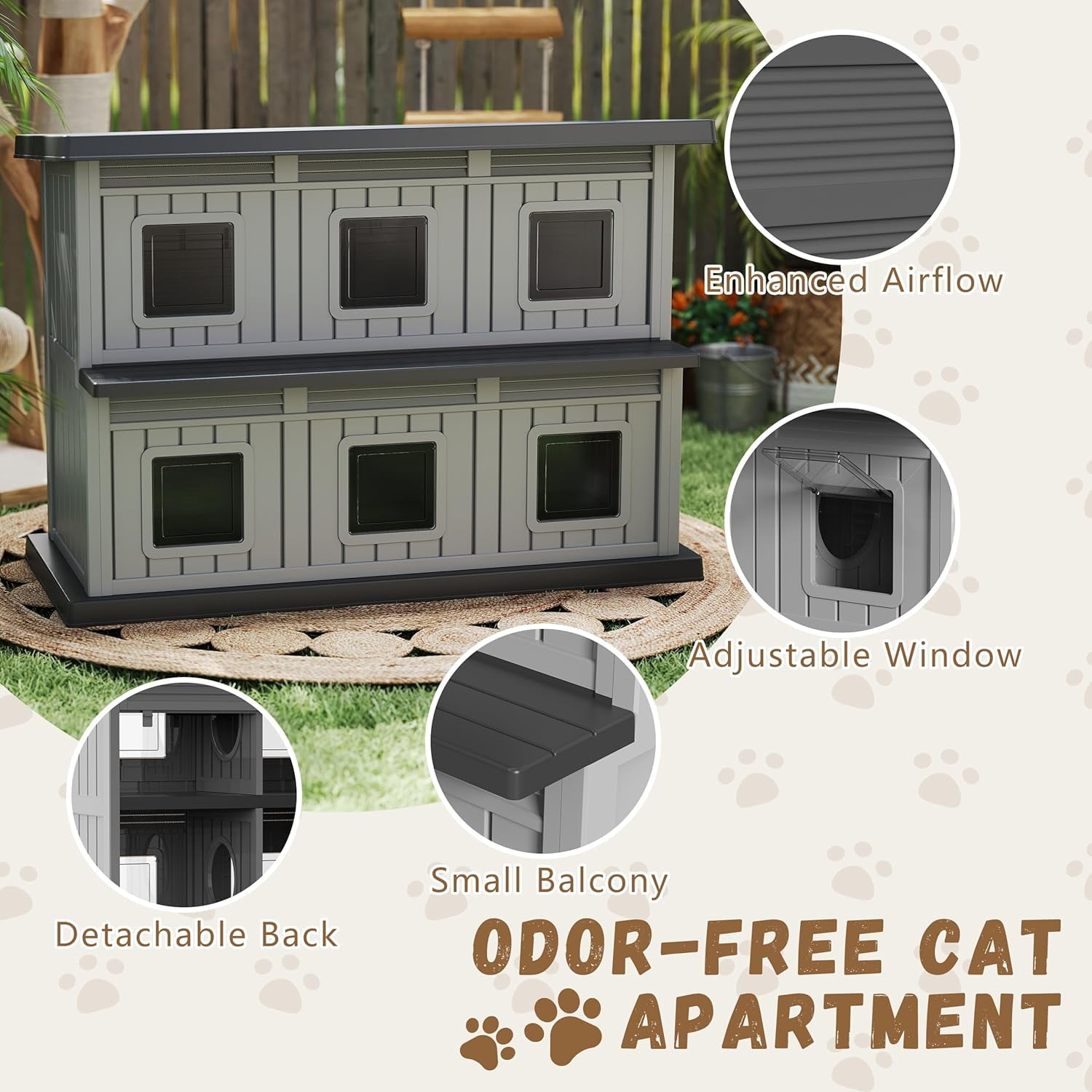 FICARTS Large Double-Decker Outdoor Cat Shelter - Weatherproof, UV-Protected, with Adjustable Window & Balcony (Black and Grey)