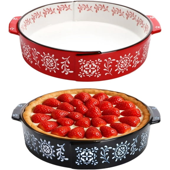 2 Pack Ceramic Baking Dish, 9 Inch Non-Stick Pie Pan with Double Handle, 44 Oz Deep and Fluted Pie Plate for Apple Pies, Quiche, Cake, Tart, Oven Microwave Dishwasher Safe, Red, Blue