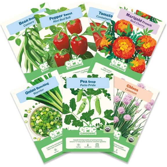 Epic Gardening Beginner Patio Garden Seed Kit, 7 Compact Varieties for Small Spaces, Includes Peppers, Beans, Tomatoes & Flowers, Non-GMO Seeds
