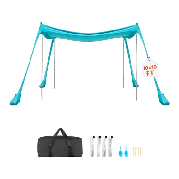 VEVOR Beach Tent Sun Shelter, UPF50  Sun Protection, 6.6 ft Tall, 10 x 10 ft, Easy Pop Up Beach Canopy with Sandbags, Stability Poles, Sand Shovels, Portable Shade for Family Outings,Camping, Fishing