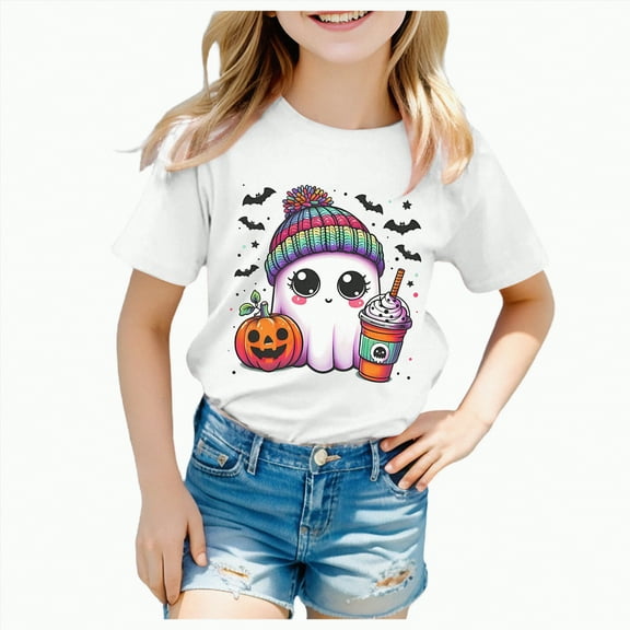 CAUYDY Toddler Boys Girls Halloween T-Shirt Kid Pumpkin Short Sleeve Shirts Skeleton Graphic Clothes Tee Tops(White,4-5 Y)