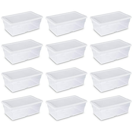 Sterilite 6 Quart Clear Stacking Closet Storage Tote with White Lid (12