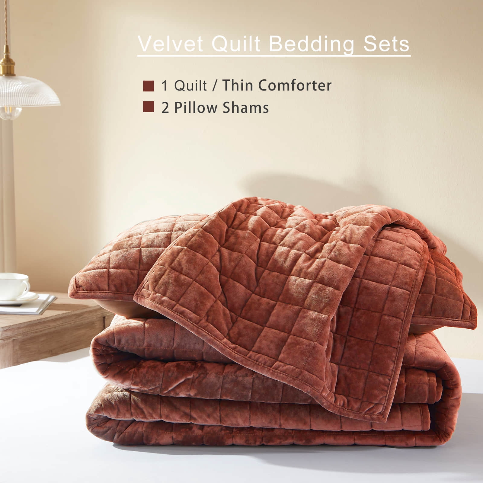 Velvet Quilt King Size-98''x106'', Lightweight Burnt Orange Velvet Comforter Set with 2 Pillow Shams, Soft Bedspread Coverlet Quilted Bedding Set for All Season