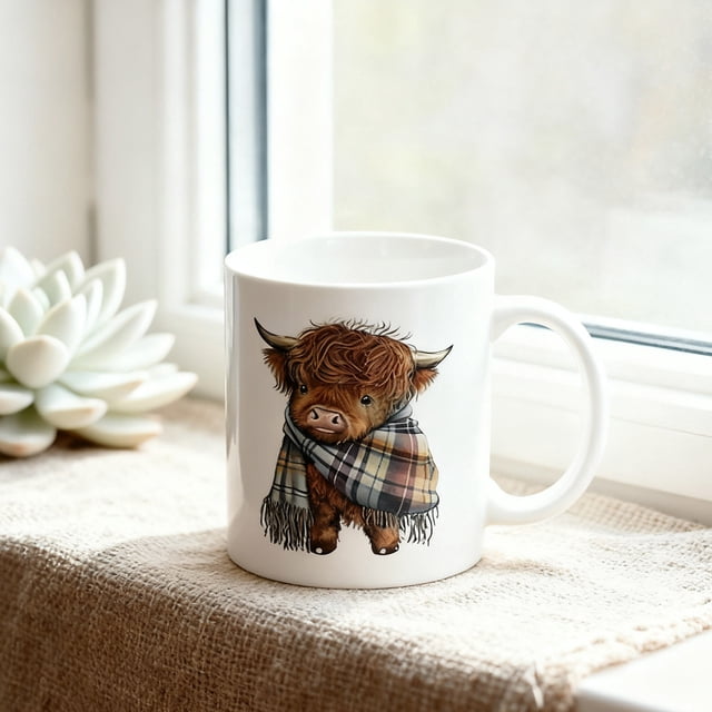 Taza de cerámica con bufanda a cuadros de vaca, taza de café o té con estampado de ganado escocés caprichoso para los entusiastas de la decoración.