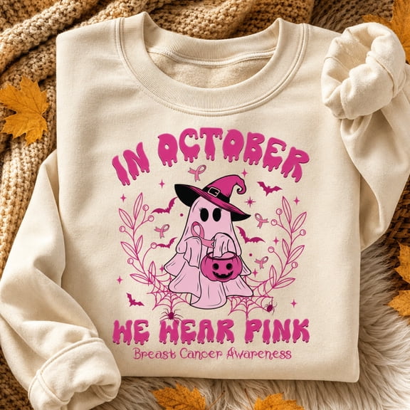 Breast Cancer Awareness Shirt, In October We Wear Pink Sweatshirt, Pink Witch Ghost Halloween Hoodie and T-Shirt, October Support Gift for Women