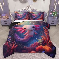 Homewish Kawaii Salamander Bedding Comforter Set,Sealife Red Coral Twin Comforter Sets,Pink Axolotl Bedding Set For Boys Girls,Super Cozy Room Decor Reversible,2pcs