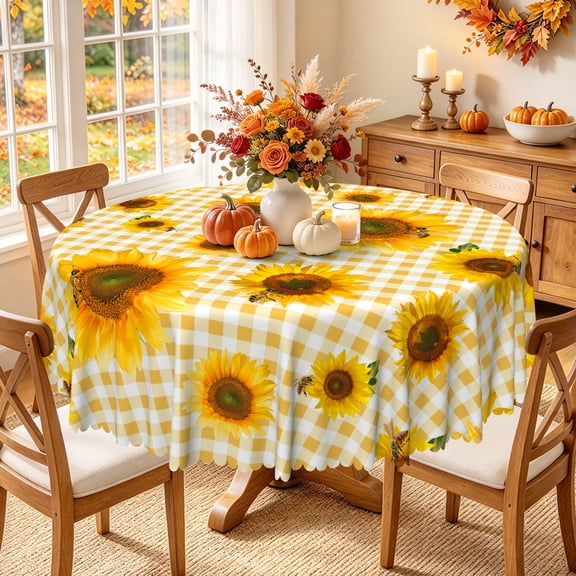 Nanqianyi Round Tablecloth 60 inch Sunflowers Yellow Striped Grid Perfect for Kitchen Decor, Outdoor Picnic Washable Table Cloth
