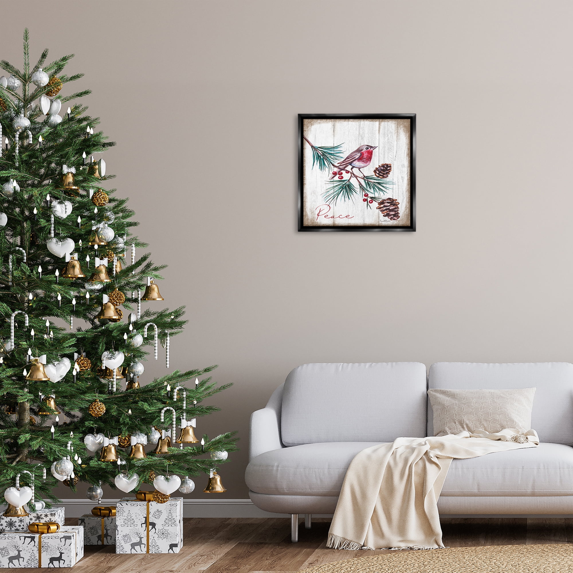 Stupell Industries Rustic Bird & Pinecones Holiday Painting Black Floater Framed Canvas Art Prints Wall Art, 25 x 25