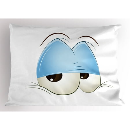 Eye Pillow Sham Comic Eyes Just About to Fall Asleep Tired and Lazy Character Look, Decorative Standard Size Printed Pillowcase, 26 X 20 Inches, Pale Blue Dark Brown Coconut, by