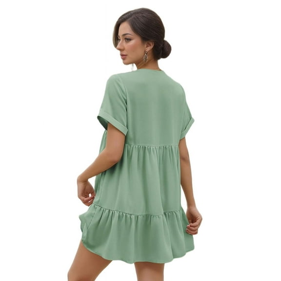 Women'S Short Sleeve V Neck Ruffle Hem Solid Swing Smock Dress Casual Loose Fit Mini Dress Summer Beach Wear Bean green XL