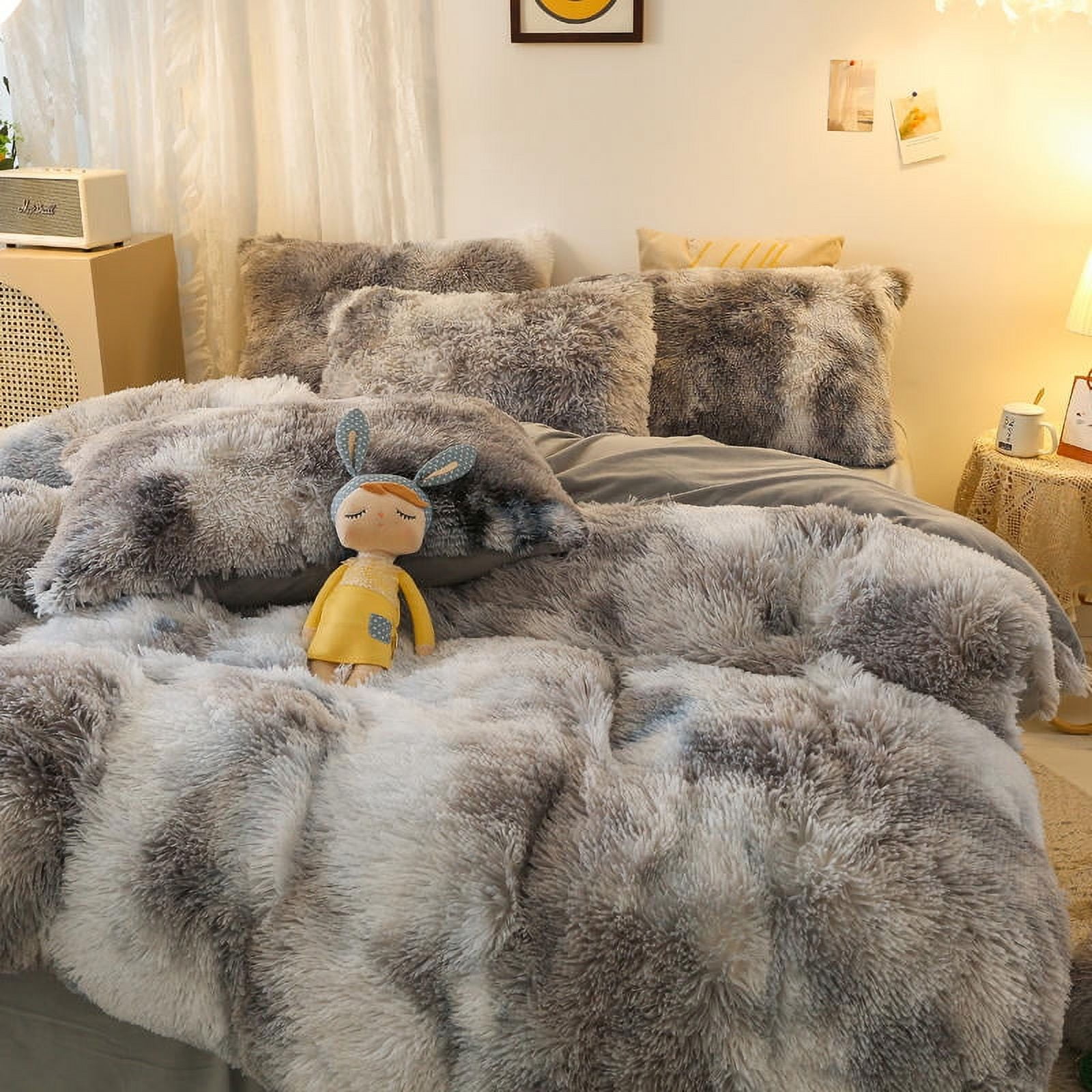 Wajade Plush Duvet Cover Set 3 Piece - Luxury Ultra Soft Fluffy Fuzzy Comforter Cover with 2 Pillow Shams Faux Fur Bedding Set,Full Size,Grey White Ombre