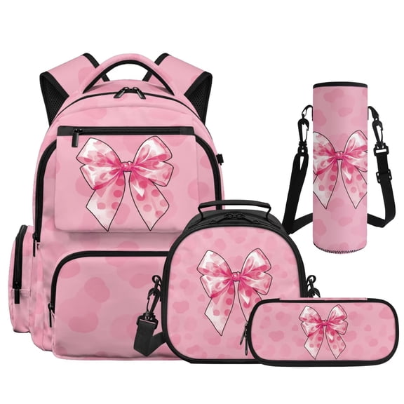 Yspwyqan Pink Polka Dot Bow School Backpack Set 4Pcs with Lunch Box Pencil Case Water Bottle Bag, 17 Inch Multi-Pocket Lightweight Bookbag for Elementary Middle School