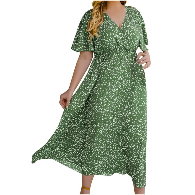 WMTBSRSW Robe Florale Boho Grande Taille pour Femmes Rondes Manches Courtes Col en V Robe Longue Décontractée Taille Enveloppante Volantée Fluide Été Plage Vacances