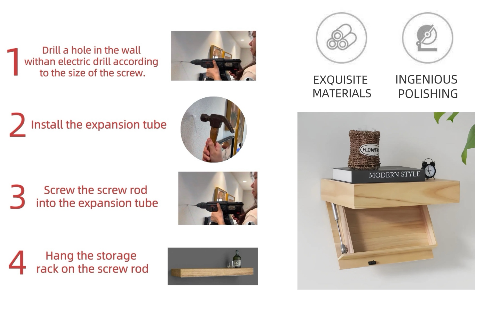 Lufushangmao Wall Hanging Shelf with Hidden Compartment, 15.75x11.02in, Requires Drilling Floating Shelves, Concealed Storage for Books, Wall Decor