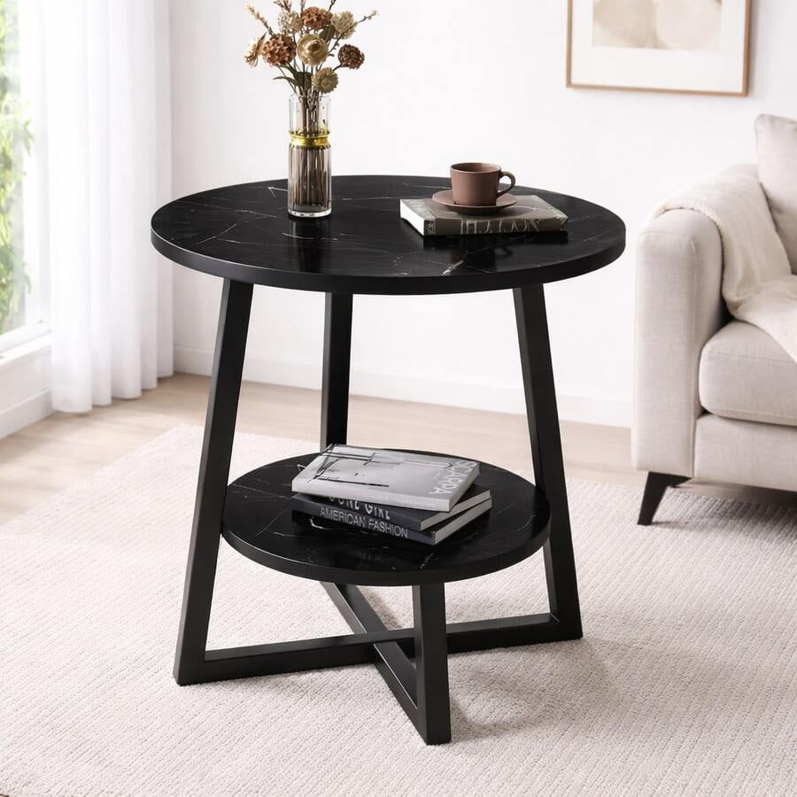 Modern 2‑Tier Metal Coffee Table With Storage Shelves Compact Round Side Table for Living Room Balcony or Bedroom White Marble Top 3 Color Options Minimalist Versatile Furniture for Small‑Space