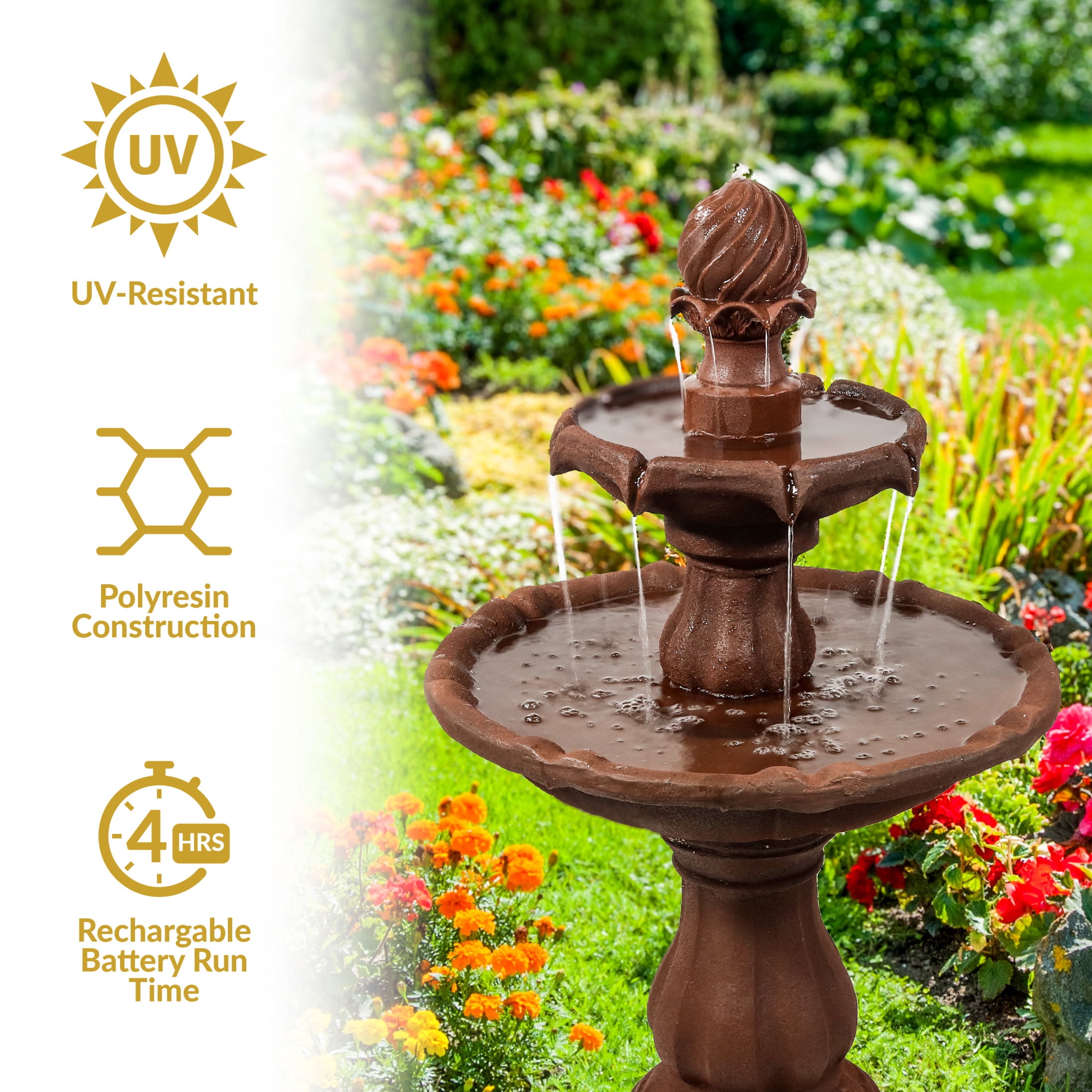 Sunnydaze Traditional Rust Resin 2-Tier Solar Fountain with Battery