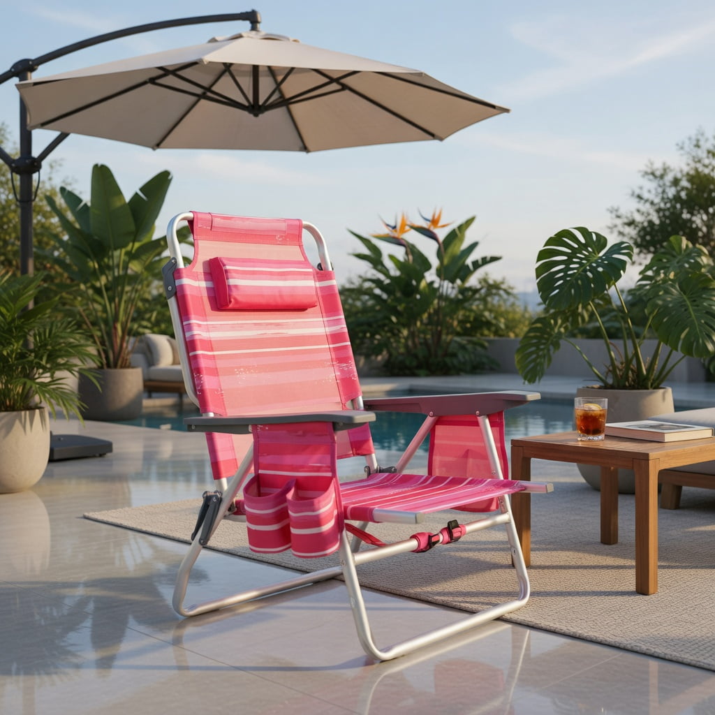 Hommoo 2-Pack Foldable Beach Chair with Adjustable Backrest, Head Pillow & Carry Bag, Hot Pink