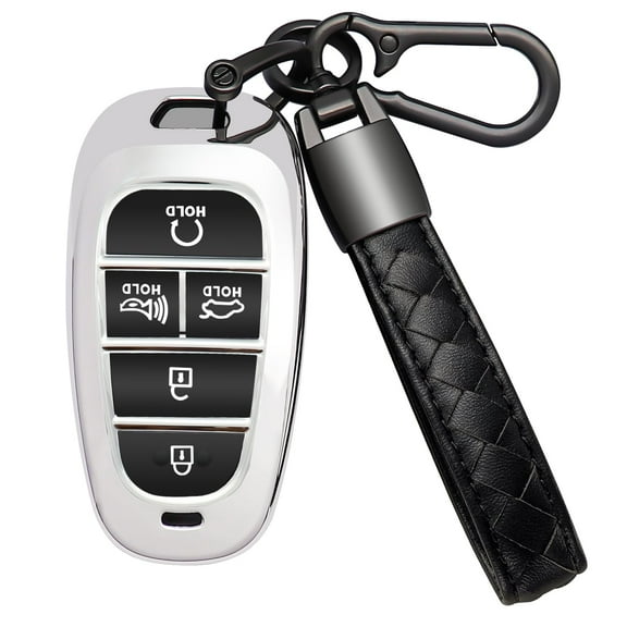 for Hyundai Key Fob Cover 5 Button Soft TPU with Leather Keychain 360 Degree Protection Car Key Case Shell Holder Fits for 2023 2022 2021 2020 Hyundai Sonata Santa fe Tucson