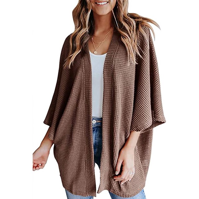 LinYooLi Women's Kimono Open Front Waffle Knit Cardigans Solid Sweater Batwing Sleeve Shawl Collared Soft Slouchy Cloak