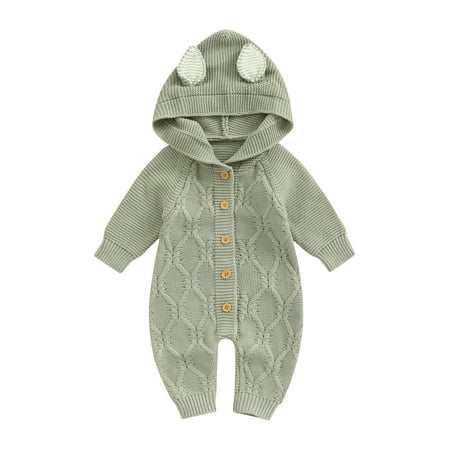

jaweiw Baby Girls Boys Knit Jumpsuit Long Sleeve Rabbit Ears Hooded Button Closure Fall Romper for Toddlers Size 0 6 9 12 18 M