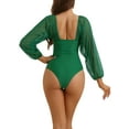 thumbnail image 3 of Bikini de una pieza con escote en V y anillo recortado para mujer, con mangas largas, control de abdomen, traje de baño de malla, color verde, tamaño mediano, 3 of 5