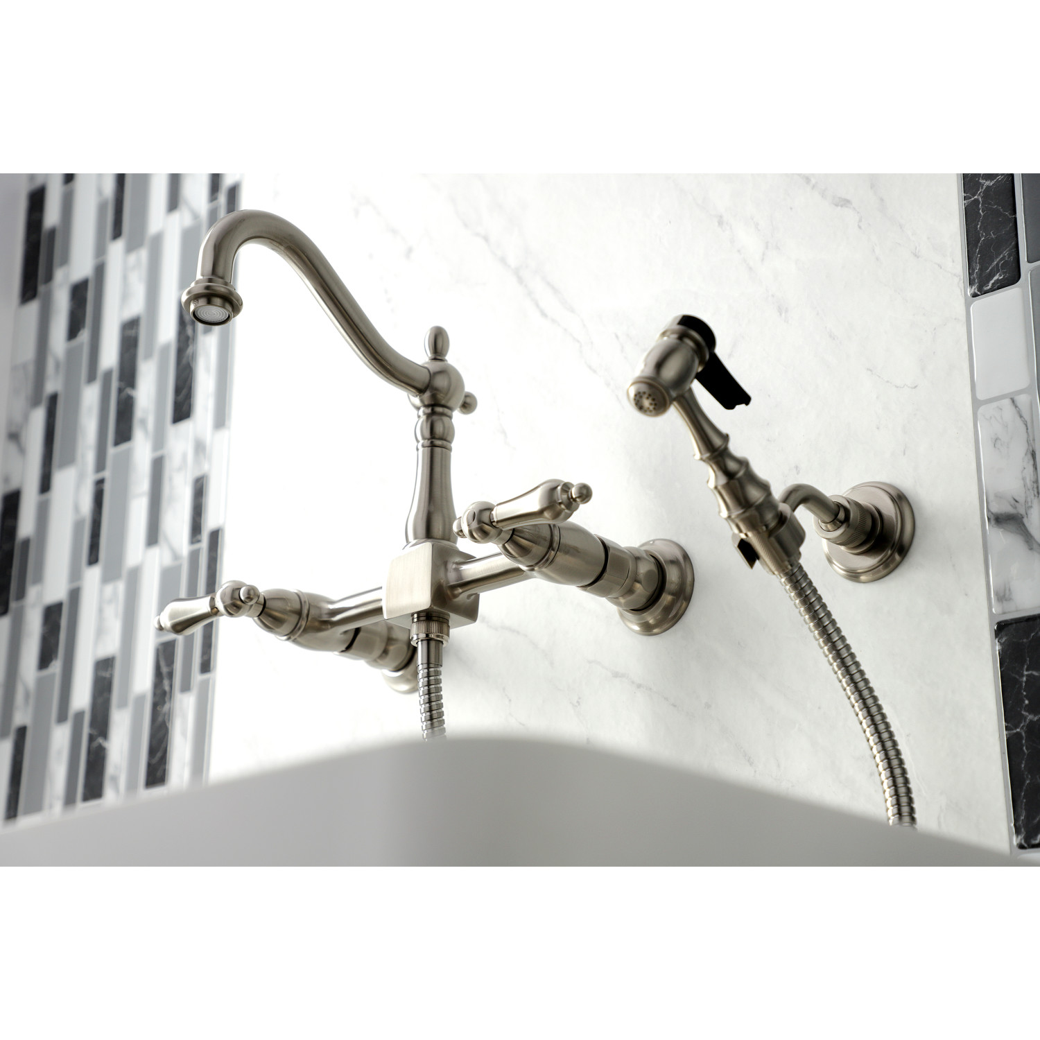 Kingston Brass KS1268ALBS Heritage Wall Mount Bridge Kitchen Faucet with Brass Sprayer, Brushed Nickel