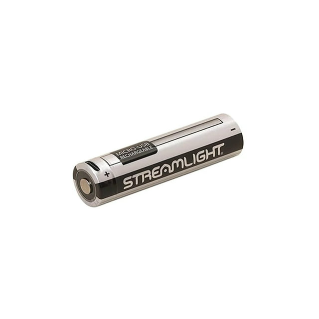 bateria recargable sl-b26usb paquete con 2 pzas marca streamlight Paquete de dos baterías 18650 recargables Streamlight con puerto micro-USB integrado, cilindro metálico plateado con logo STREAMLIGHT y señal de polaridad; cada una mide 2.75" (7.0 cm) y carga completa en 5 horas; convierte linternas multi-combustible en sistemas recargables y es compatible con modelos ProTac y Vantage. Su tamaño compacto también las hace adecuadas para llevar como baterías de repuesto en estuches de linternas durante viajes.