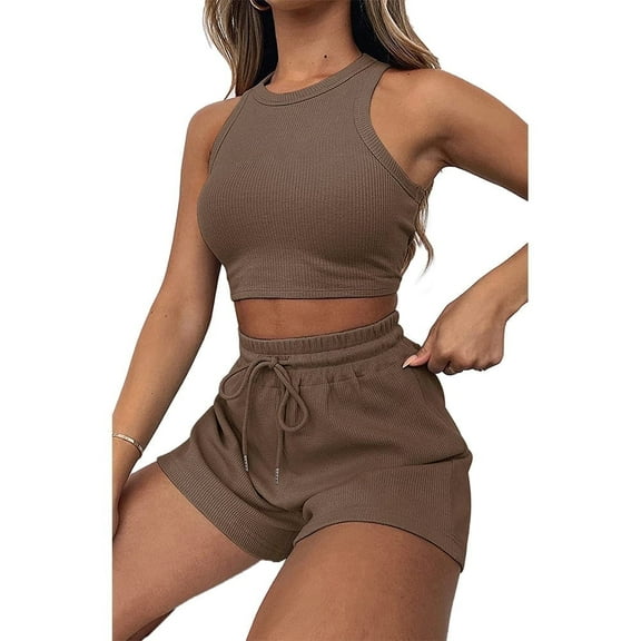 FIOPHY Summer 2 Piece Outfits for Womens Tracksuit Crop Tank Tops and High Waisted Shorts Lounge Sets with Pockets