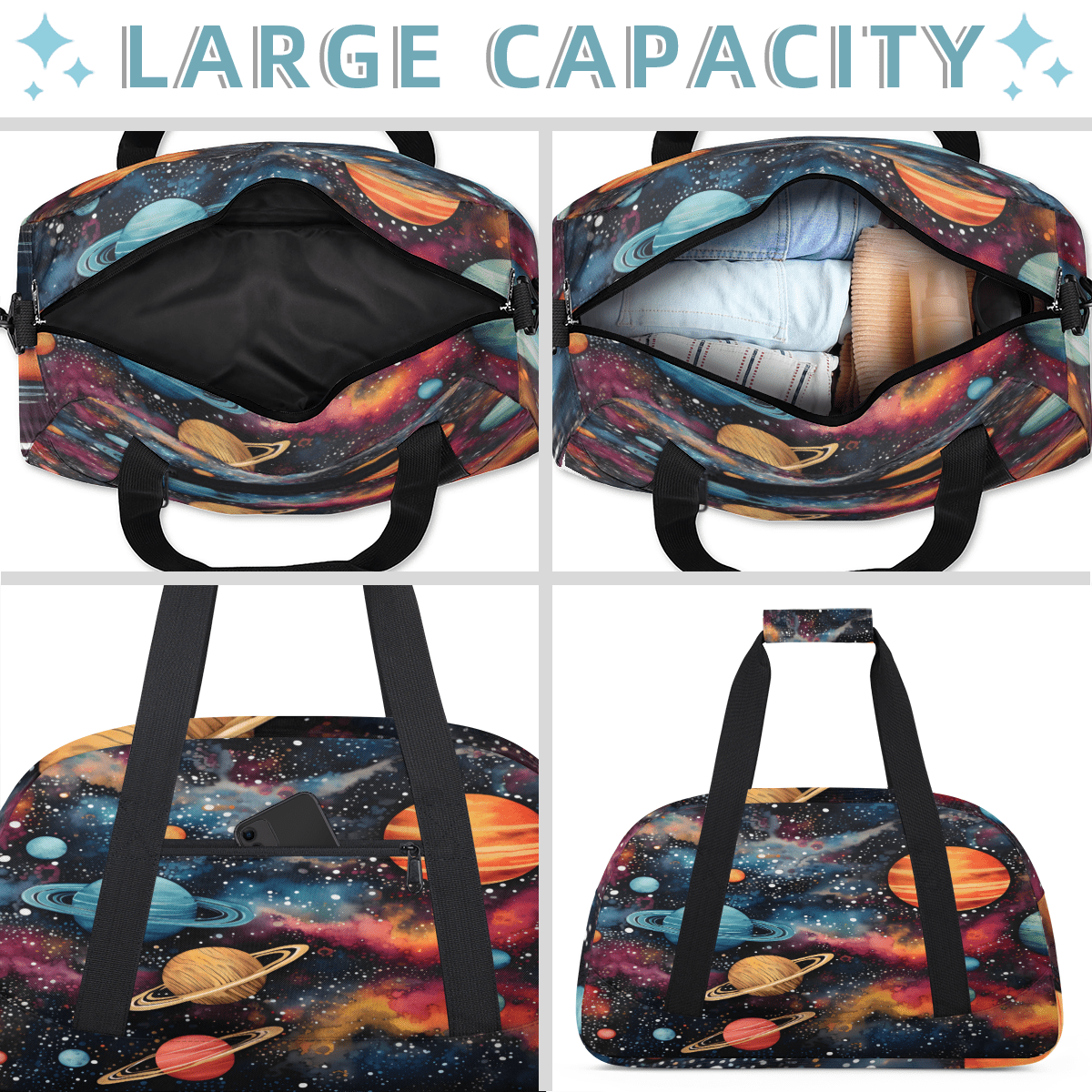 Herdesigns Outer Space Sports Duffle Bag for Women & Men, Solar System Universe Gym Bag Dance Bag Overnight Bag Carry On Weekender Travel Bag
