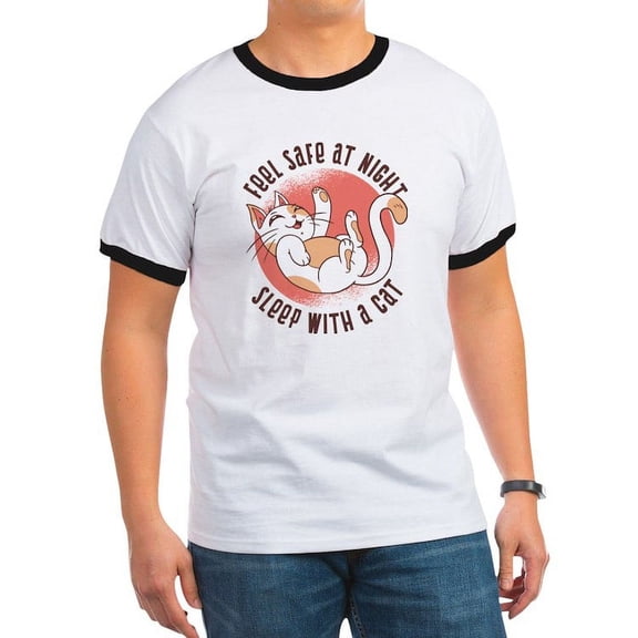 CafePress - Sleep With A Cat T Shirt - 100% Cotton Ringed T-Shirt