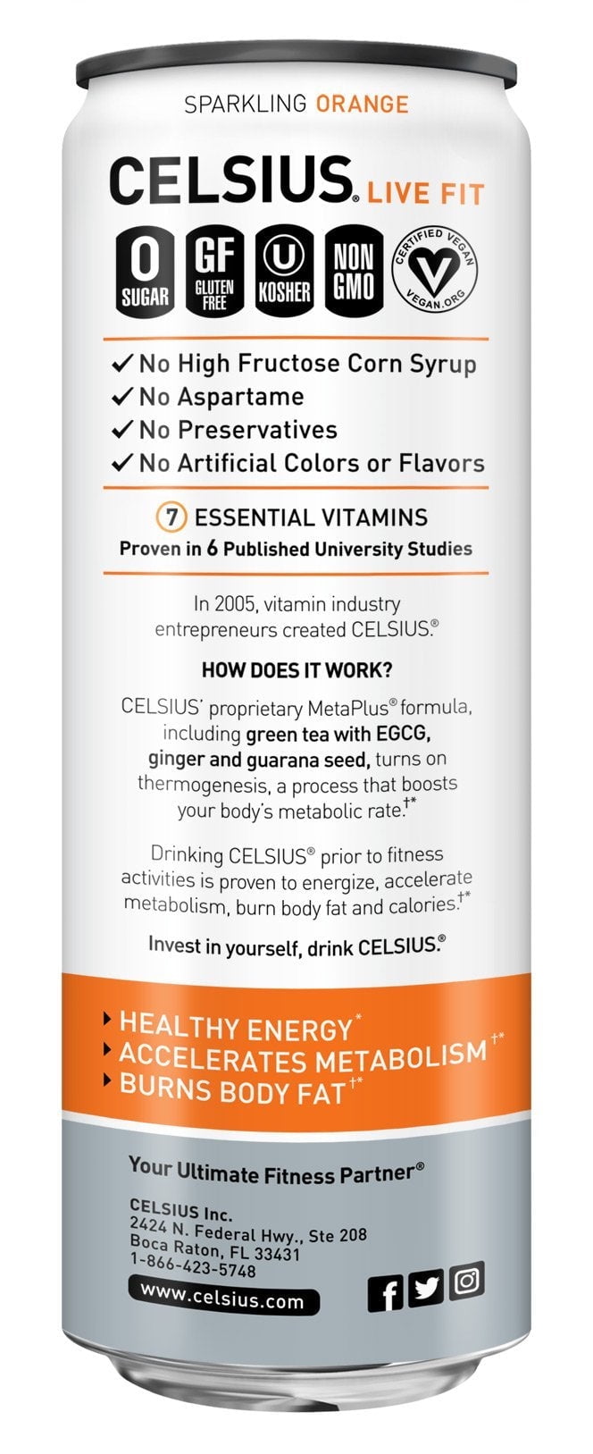 CELSIUS Sparkling Orange Fitness Drink, Zero Sugar, 12oz. Slim Can (Pack of 12)