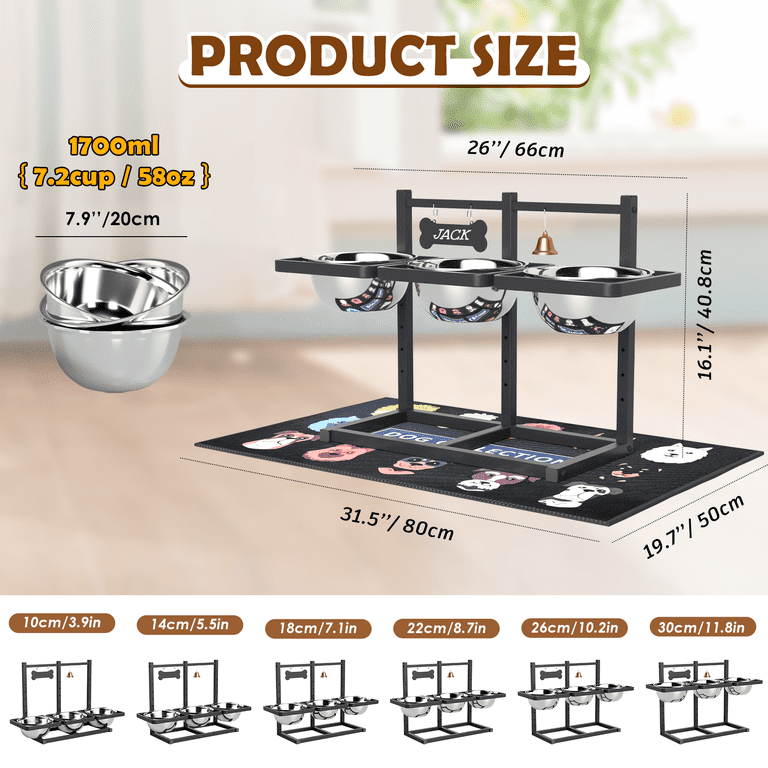 Shainfun 6-Height Adjustable Dog Bowl Stand, 3 Stainless Steel Bowls photo 7