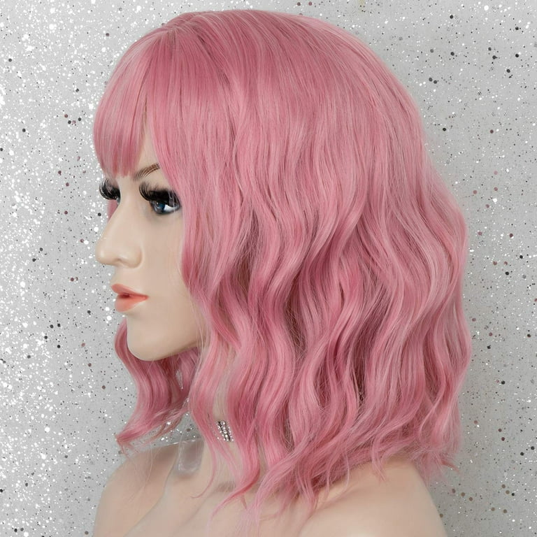 K ryssma Short Pink Wig with Bangs Bob Wavy Synthetic Wigs for Women Wefted Wig Caps 14 Inches