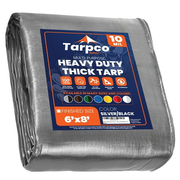 Tarpco Safety 10 Mil Extra Heavy Duty Tarp Camping Tarpaulin Waterproof Cover, Silver and Black 6 x 8Ft