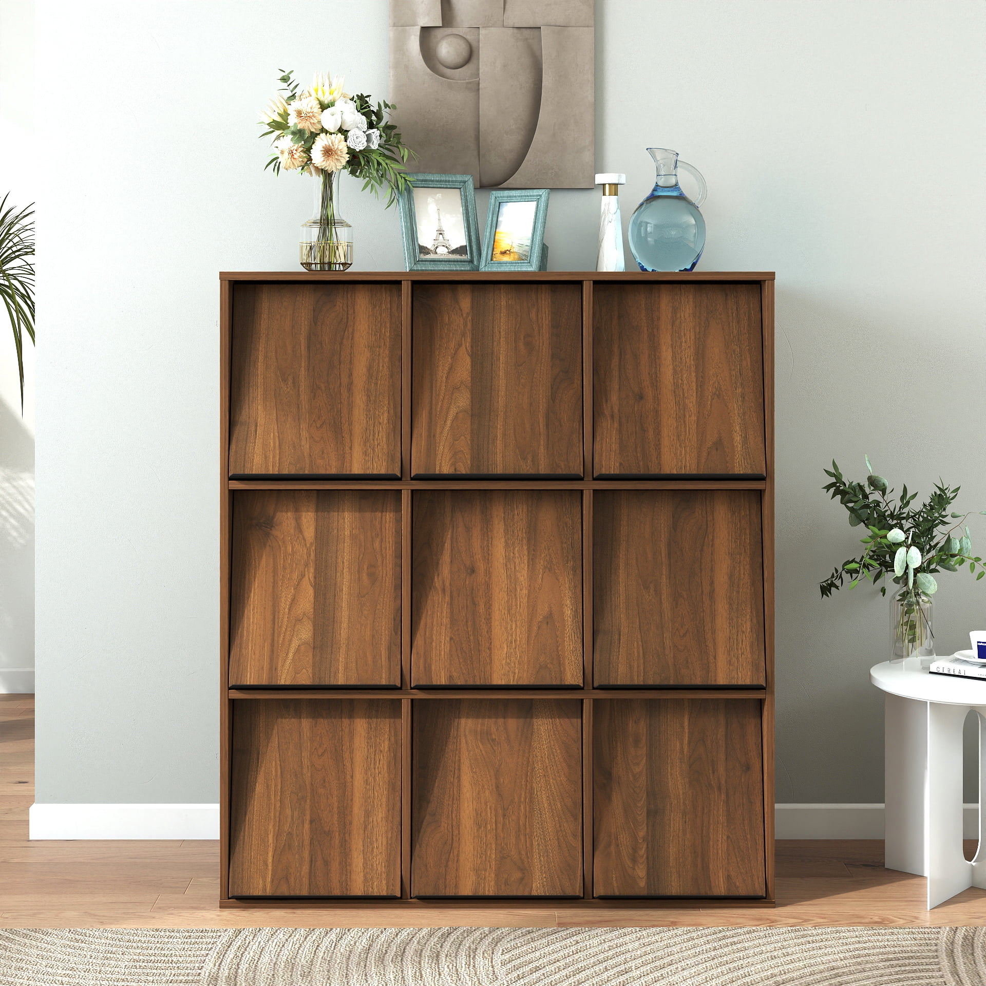 3×3 Cubby Cube Storage Bookcase with Flip Doors, Nine Compartment Cube Organizer Cabinet, Freestanding Display Bookshelf for Living Room Bedroom Office